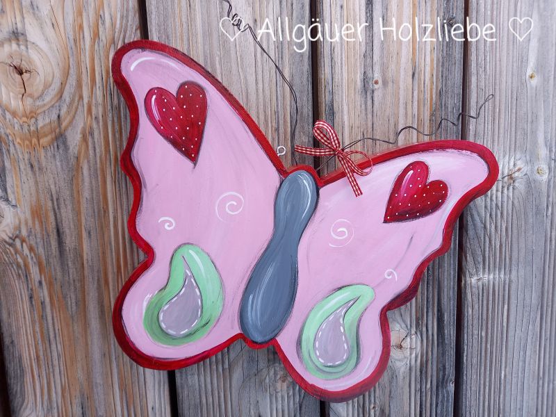 Hänger Schmetterling * 30 x 23,5 cm * Holz * Herz * Rosa Rot